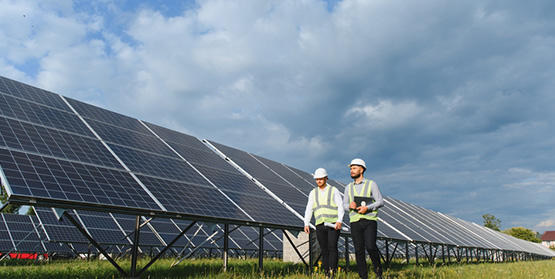 Two engineers in safety gear inspecting solar panel array in a field, symbolizing renewable energy, sustainability, and solar technology